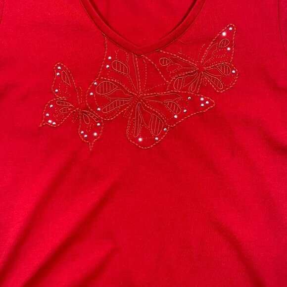 red v neck short sleeve t-shirt butterflies sz med  CAROLL REED - Picture 9 of 16
